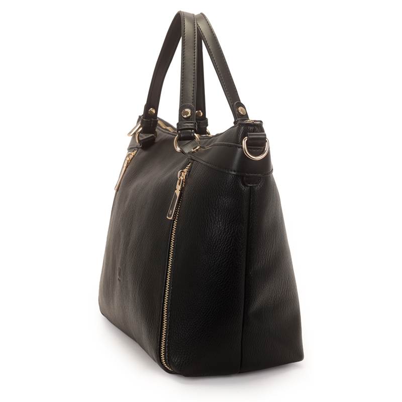 Bolsa tote feminina preta WJ vista lateral mostrando design estruturado e zíper lateral
